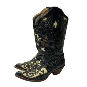 Corral Womens Distressed Black Cream Scroll Snip Toe Western Boots sz 7 Cowgirl